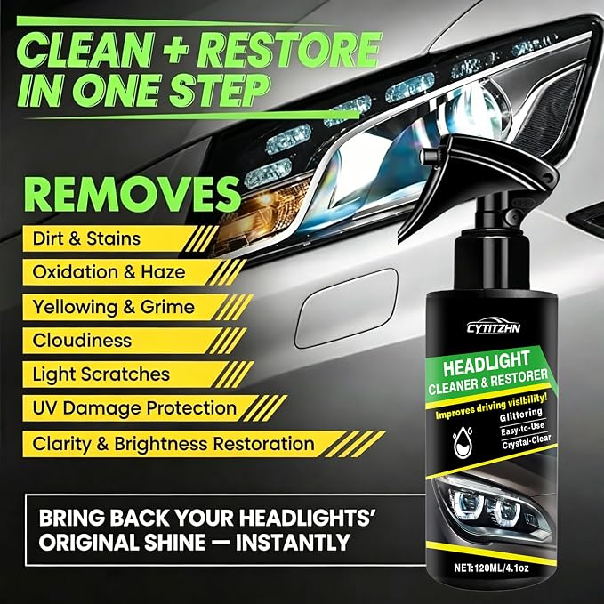 Headlight Restoration Spray – Instant Oxidation, Yellowing & Stain Removal, Restores Cloudy Headlamps to Like New, Portable Cleaner for All Cars – 120ml/4.01oz
