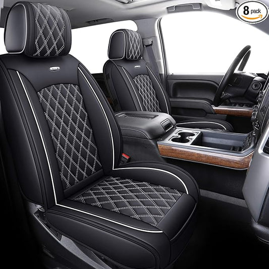 Aierxuan Seat Covers for Cars Pickup 2007-2026 GMC Sierra Chevy Chevrolet Silverado 1500 2500HD 3500HD Trail Boss Z71 Crew Double Extended Cab Waterproof Leather (Full Set, Black-White)
