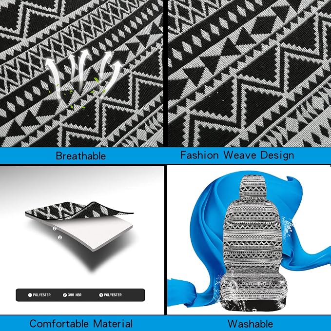 Baja Saddle Blanket Car Seat Covers 9PCS Full Set, Breathable and Washable Striped Woven Automotive Vehicle Seat Cover, Universal Boho Seat Cover for Sedan, SUV, Truck, Airbag Compatible