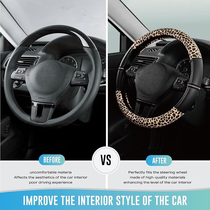 Road Comforts Leopard Steering Wheel Cover for Women, Cute Anti-Slip Microfiber Leather, Universal Fit 14.5-15 Inch Round Steering Wheel - Black