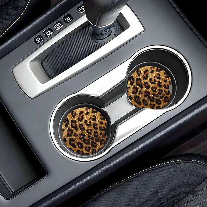 Leopard Print Shiny Car Cup Holder Coasters 2 Pack 2.63" for Women | Glittering Universal Anti Slip Ceramic Absorbent Coaster with Cork Base and Finger Notch Cute Car Accessories Interior