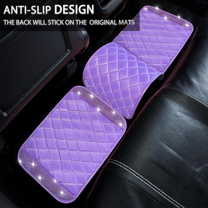 NBTEPEM Bling Leather Car Floor Mats Full Set, Sparkly Diamond Car Mats Universal Fit Most Automotive, Glitter Rhinestone Carpet Waterproof Anti-Slip (Purple Leather Diamond)