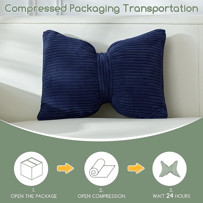 HIGOGOGO Lumbar Support Pillow for Recliner Chair, Bow Knot Shaped Back Support Cushion, Striped Corduroy Soft Decorative Lumbar Pillow for Office Chair, Sofa, Car, Bed, Living Room - Navy