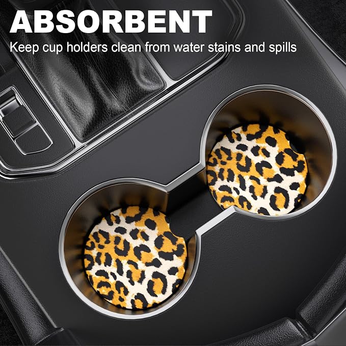 2 Pack Car Cup Holder Coaster, 2.63 inch Anti Slip Insert Absorbent Ceramic Car Coaster with Cork Base and Finger Notch, Cute Car Accessories Interior for Women, Cute Car Coasters.