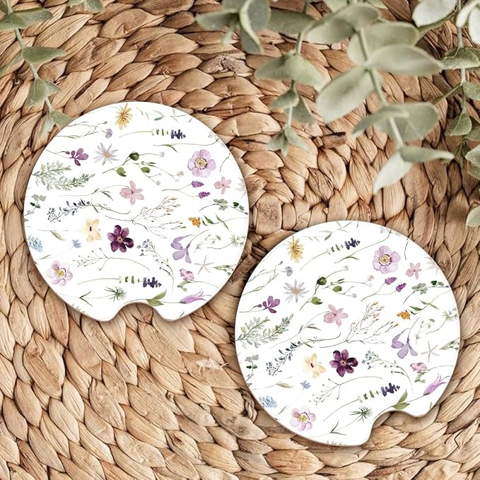 Ceramic Car Coasters – Absorbent Car Cup Holder Coaster Set for Women, Cute Aesthetic Car Accessories for Girls, 2 Pack (Purple)