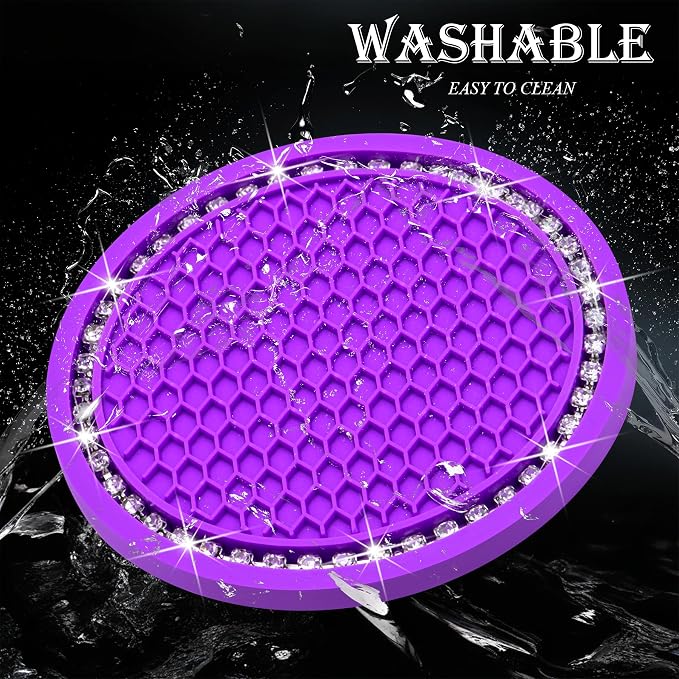 4PCS Bling Cup Holder Coaster, 2.75 Inch Auto Car Cup Holder Insert Coasters, Soft Silicone Anti-Slip Shockproof, Universal Vehicle Interior Accessories for Women Girls (Purple & White)