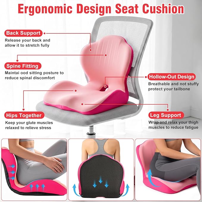Car Seat Cushion with Lumbar Support Pillow, Memory Foam Office Chair Cushion for Back Pain Sciatica Pain Relief, Ergonomic L-Shaped Seat Cushion for Car Truck Driving Office Chair Home (Pink)
