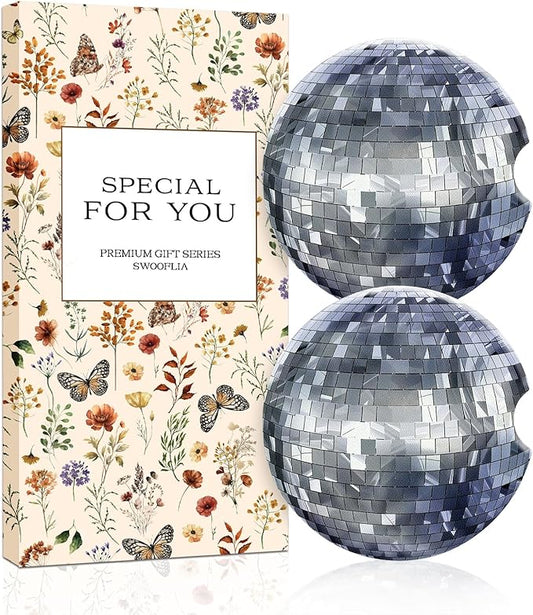 Swooflia 2 Pack Absorbent Ceramic Car Coasters for Women - 2.55 Inch Disco Ball Silver Car Cup Holder Coasters with Cork Base, Funny Car Accessories, New Driver Gifts
