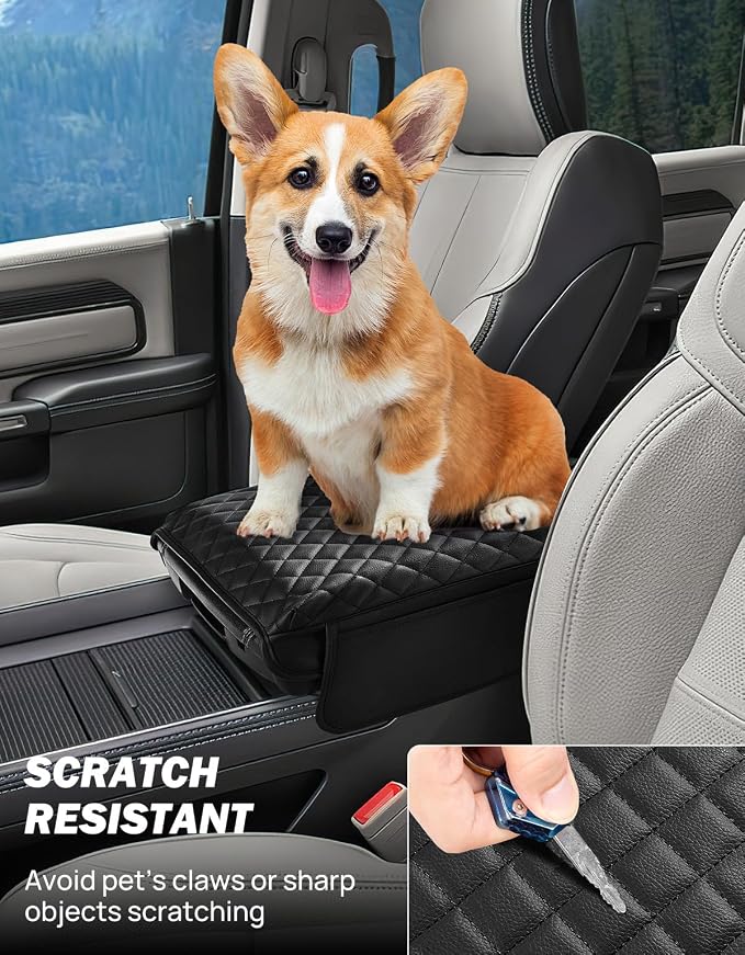 JOYTUTUS Center Console Cover Compatible with 2019-2026 Ram 1500 2500 3500, Leather Arm Rest Armrest Cover for Car, Middle Console Cover Lid, Car Arm Rest Cover Pad Cushion Replacement, with 2 Pockets