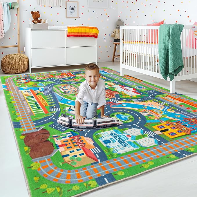 Car Rug Play Mat for Kids Toy Cars, 4 Packs 3'x4'/ 36"x48" Road Traffic Playmat for Kid Bedroom, Non-Slip Machine Washable Town City Race Track Carpet for Learn and Have Fun