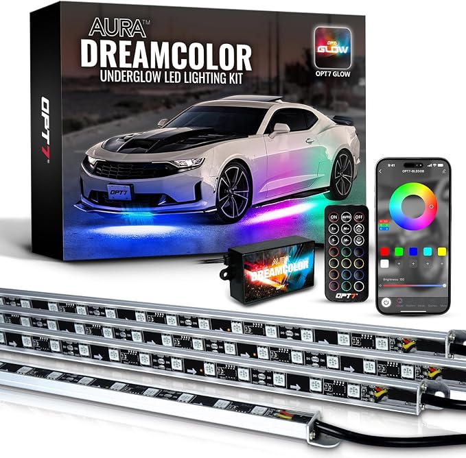 OPT7 Aura DreamColor Underglow Chasing Lights for Car with APP & Remote | Waterproof Aluminum Frame, RGB-IC LED Bar, Rainbow Ground Effects, Exterior Neon Accent Lighting, Music Sync Decor, 12V