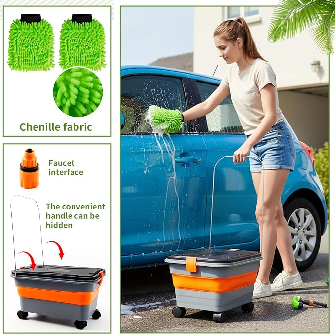 Maxdot Car Wash Bucket with Wheels Lid and Handle, 5.5 Gallon Collapsible Rolling Wash Bucket with 2 Microfiber Mitts for Car Cleaning, Camping, Rv & Pet Bathing