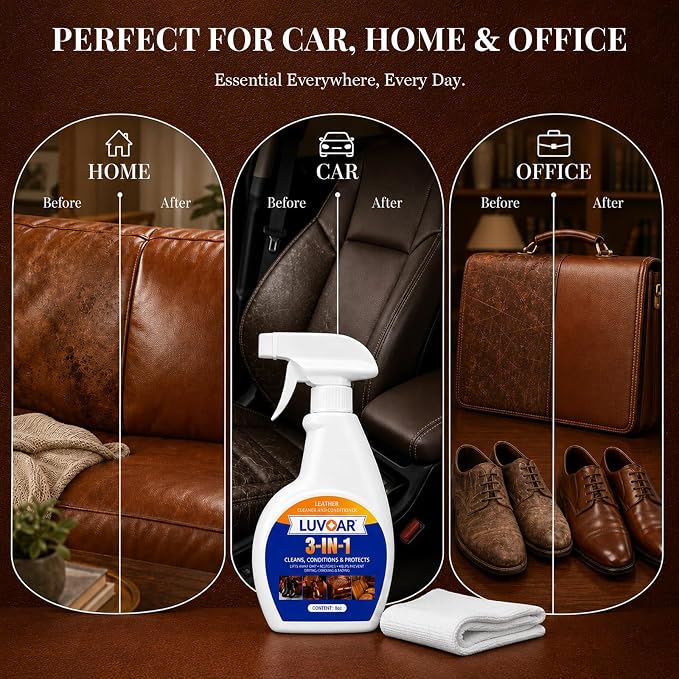 Leather Cleaner and Conditioner 3-in-1 Spray, Use on Leather Furniture, Car Seats, Shoes, Bags, Jackets and Leather Bags with Microfiber Brush & Microfiber Cloth(8 oz Spray Bottle)