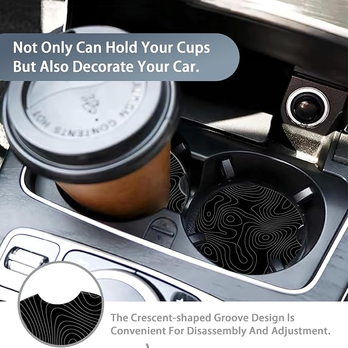 Car Coasters Topographic Cup Holder,Black Contour Map Cute Coasters,2 Pack Anti Slip Ceramic Car Cup Holder Accessories with Finger Notch for Women Men 2.56"