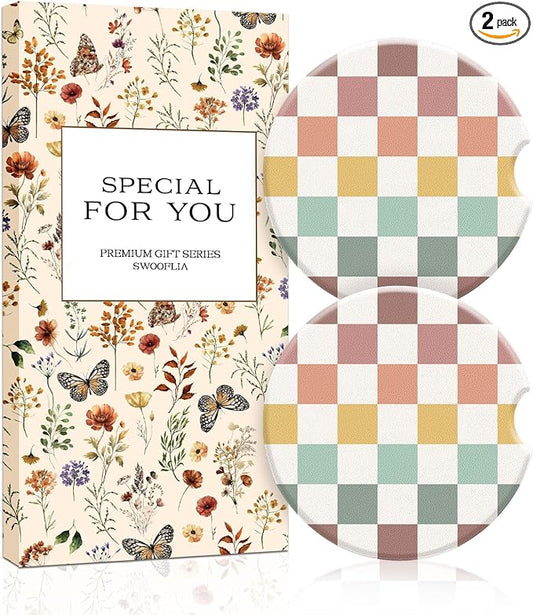 Swooflia Car Coasters for Women - Morandi-Tone Checkered Ceramic Car Cupholder Coaster Absorbent Mat Coaster with Cork Base 2 Pack 2.55 inch Automotive Cup Holder Accessories New Driver Gifts