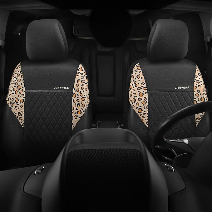 CAR PASS Leather Leopard Two Front Seat Cover Only, Universal Quilting Waterproof Deluxe PU Premium Vinyl Luxury Car Seat Cover Airbag Compatible for Most Sedan,SUV,Truck(Two Front, Brown Leopard)