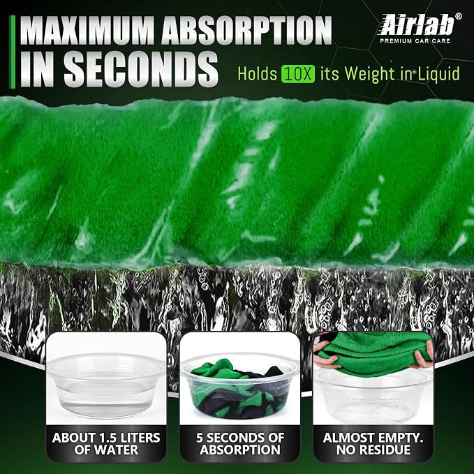 Airlab Microfiber Towels for Cars Wash Drying Thick Plush Cleaning Cloth Auto Detailing Super Absorbent for Interior & Exterior Lint Free, Streak Free, 35 x 24 Inch, 500 GSM, Pack of 2, Grey-Green