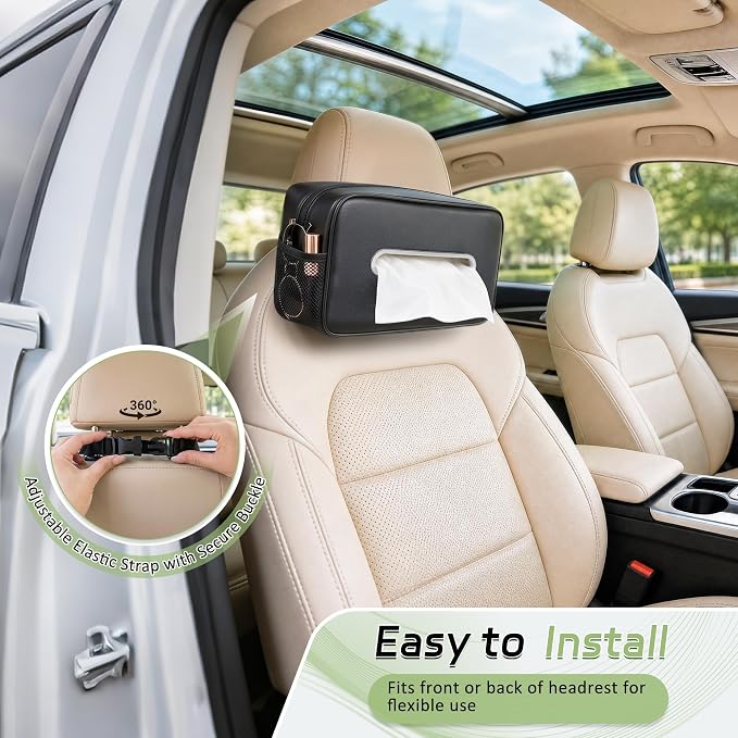 Car Tissue Box Holder PU Leather Car Organizer with Side Storage Pockets | Tissue Box Cover, Fits 120-160 Standard Rectangular Tissue Boxes, Large Capacity Backseat Tissue Organizer for Car SUV Truck