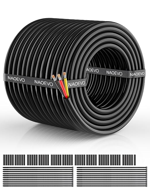 NAOEVO 10 Gauge Wire 3 Conductor Electrical Wire, 10 AWG Stranded PVC Cord, 12V Low Voltage/Tinned Copper/Flexible Cable for Automotive Wiring, Lamp Cord, Marine Cable (100FT)