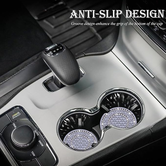 4PCS Bling Crystal Rhinestone Cup Holder Coaster, 2.75 inch Soft Silicone Anti-Slip Shockproof, Car Cup Holder Insert Coasters, Universal Car Interior Accessories for Women (Gray & White)