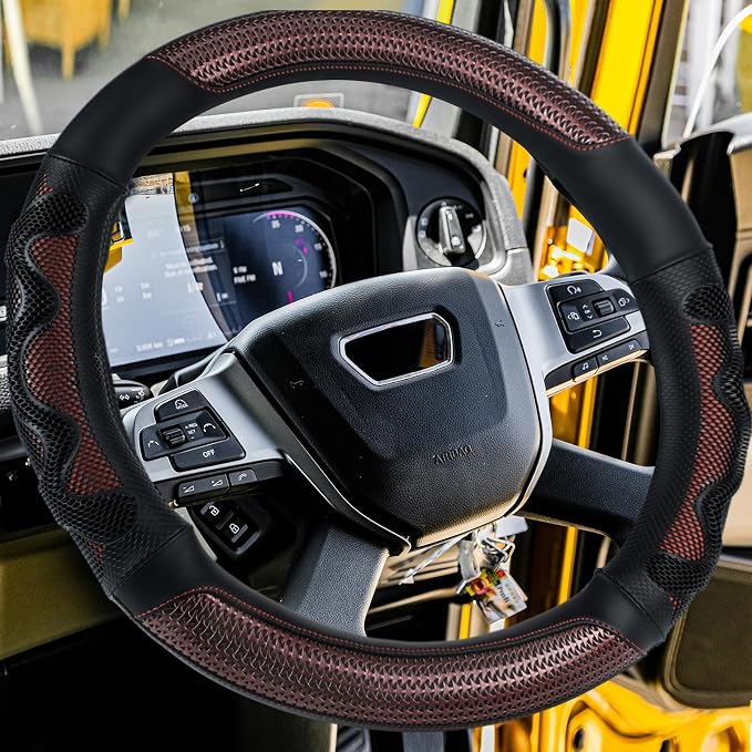 DaisyInner 17.5-18 Inch Steering Wheel Cover for Semi Truck No-Slip & Comfy Grip for Semi Trucks, Rv, Big Rig and 18 Wheelers(Mesh A,Leather,Burgundy)