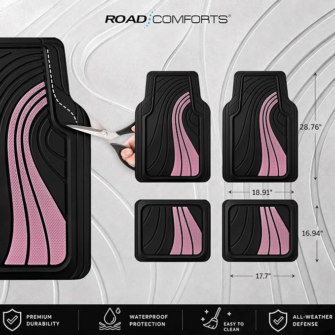 Road Comforts Car Floor Mats Full Set – Front & Rear Car Floor Mats with Aluminum Design, Anti-Slip Backing, All-Weather Protection, Trim-to-Fit Car Mats for Most Sedans, SUVs & Vans - Pink