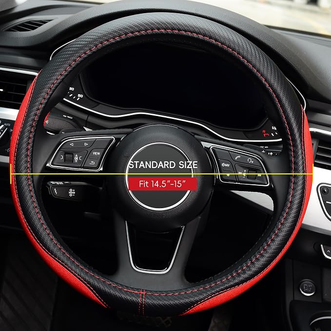 LABBYWAY Microfiber Leather Auto Car Steering Wheel Cover, Universal 15 Inch Anti-Slip Wheel Protector, Red