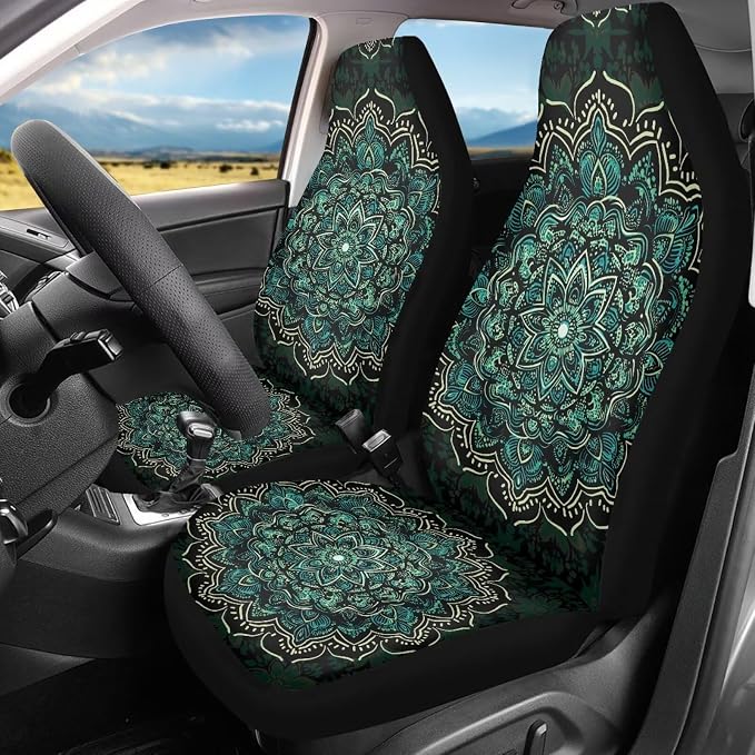 Boho Front Seat Covers for Cars, Set of 2 Green Mandala Bucket Seat Covers, Soft Breathable Polyester Seat Protectors for SUV, Truck and Sedan