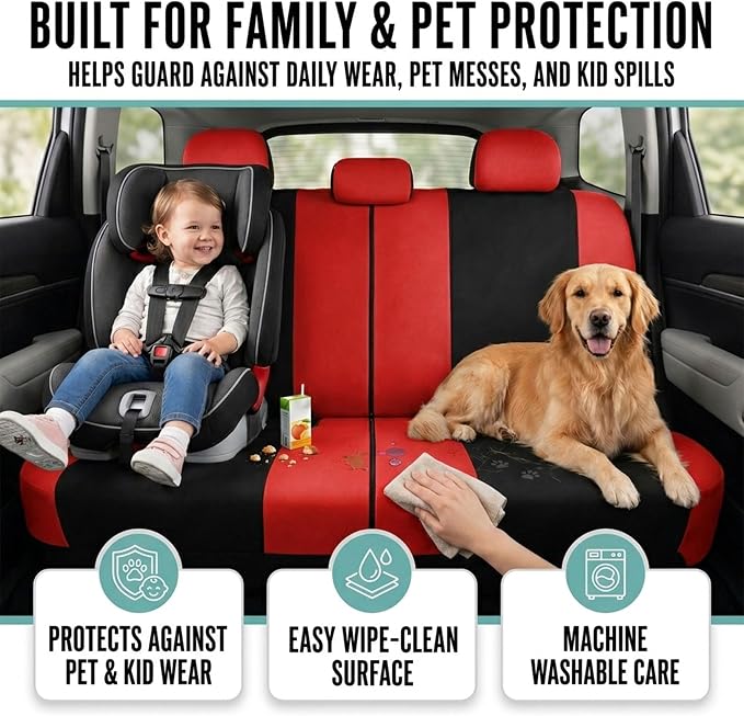 FH Group Car Seat Covers Full Set Cloth, Universal Fit combo, Automotive Covers, Low Back Front Airbag Compatible,Split Bench Rear Seat,Washable Cover for SUV,Sedan,Van Red