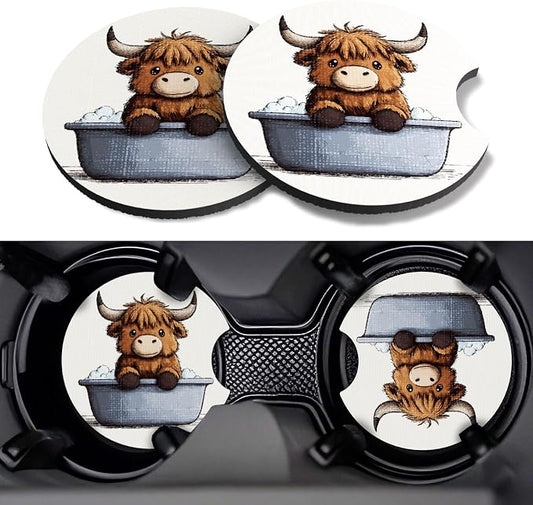Car Cup Coasters,2 Pack Car Coaster,2.75inch Anti Slip and Absorbent Cars Coasters for Cup Holders,Car Accessories for Women,Cute Decor for Women (Bathing Calf)