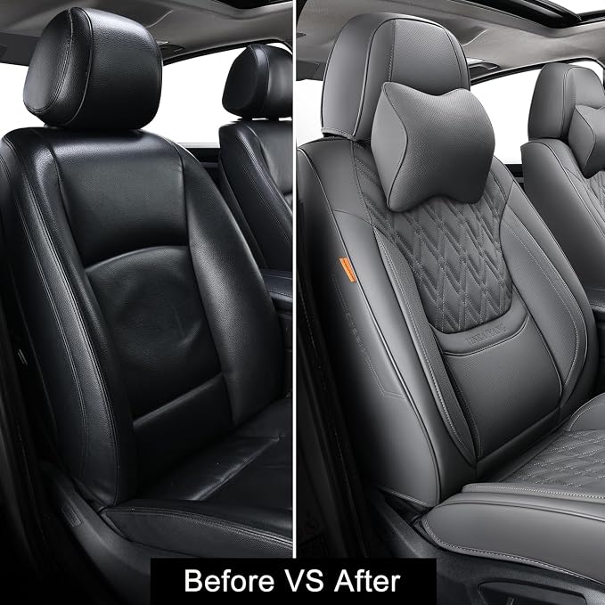 Car Seat Covers Front Pair, Breathable Leather Automotive Front Seat Covers with Headrest, Universal Automotive Vehicle Seat Cover for Most Sedan SUV Pick-up Trucks, Gray