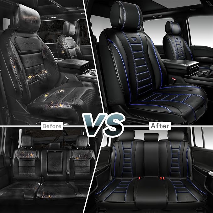 CAR PASS Nappa Leather Seat Covers, Universal FIT Piping Leather Car Seat Cover Full Set for Cars,SUV,Truck 3D Foam Waterproof Leather Seat Covers 5 Luxury Comfy Durable Airbag Compatible Black Blue
