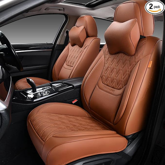 Car Seat Covers Front Pair, Breathable Leather Automotive Front Seat Covers with Headrest, Universal Automotive Vehicle Seat Cover for Most Sedan SUV Pick-up Trucks, Brown