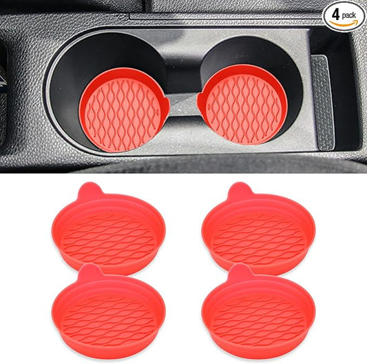 4PCS Car Cup Holder Coasters, Universal Silicone Non-Slip Insert Cup Coasters, Soft Wave Pattern Cup Holders, Car Interior Accessories for SUV, Truck, RV (Red)
