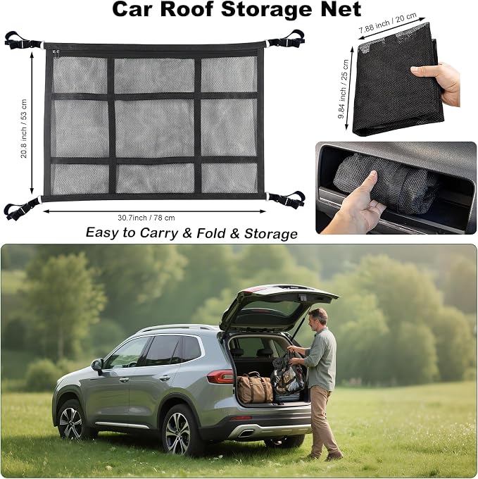 Car Ceiling Cargo Net for SUV,Car Ceiling Storage,Load Capacity Automotive Cargo nets Interior Accessories for Van,Double-Layer Mesh Automotive Roof Camping Essentials (30.7"x20.8")