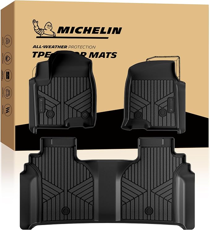 Michelin Vehicle Mats, All-Weather TPE Custom Fit Liner for 2019-2026 Silverado/Sierra 1500, 2020-2026 2500/3500, Crew Cab Bucket Seat Carpet Floor with Rear Under-Seat Storage, Premier B