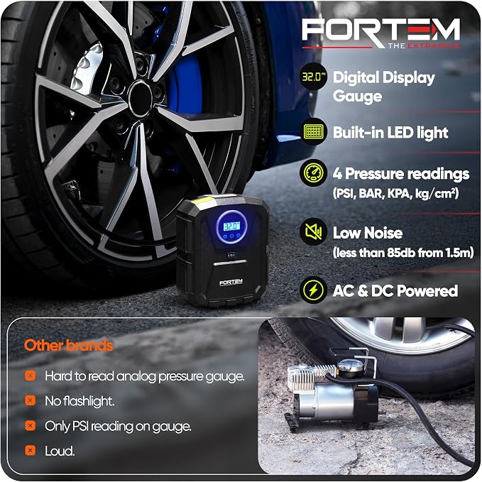 FORTEM Tire Inflator Portable Air Compressor, Air Pump for Car Tires and Bikes, Car Tire Pump w/Auto Shut Off, 150 PSI, 110V AC 12V DC, LED Light, Carrying Case, Perfect For Men, Women
