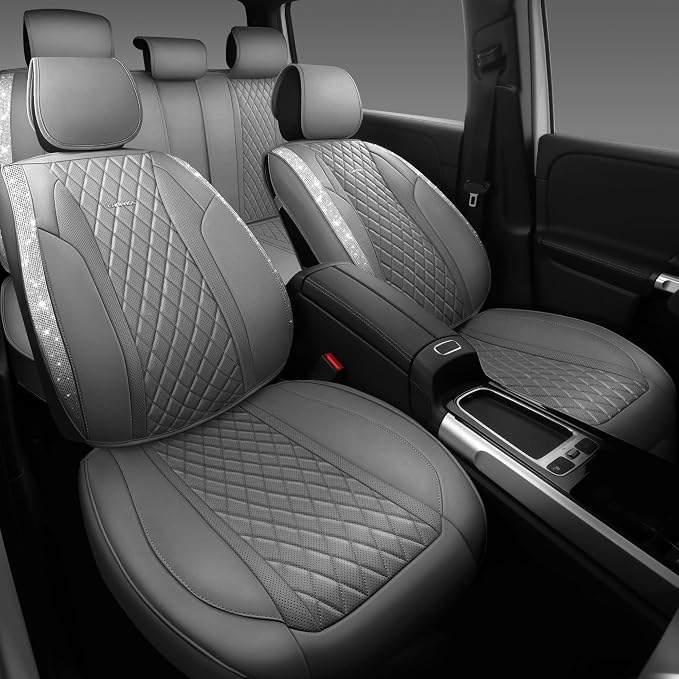 CAR PASS Gray Leather Bling Car Seat Covers Full Set, Luxury Microfiber Nappa PU Cushioned, Waterproof Anti-Slip Universal Fit for Auto SUV Sedan Sparkly Glitter Shining Rhinestone, Gray Diamond