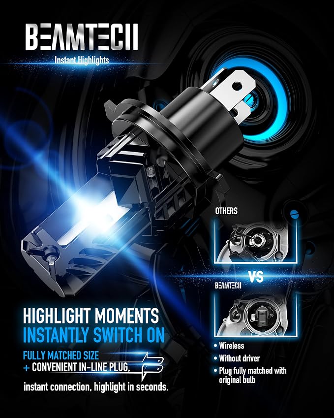 BEAMTECH H4 Bulb, Fanless In Line 9003 Light, 6500K Xenon White, Pack of 2 | H4 Light Bulb, 1:1 Size, Hi/Lo Beam, For Motorcycle, UTV, ATV, Offroad or Fog