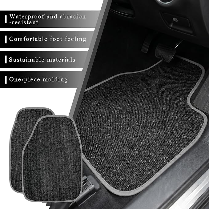 4PCS Car Floor Mats, Anti-Slip Waterproof Car Carpets with Safety Heel Pad, Heavy Duty Floor Mat for All Weather Protection, Universal Trim to Fit for Sedans Trucks SUVs (Black & Gray)