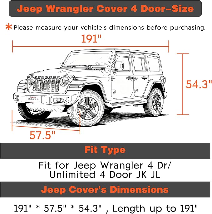 iCOVER Car Cover for Jeep Wrangler 4 Door, Waterproof Jeep Cover with Detachable Tire Covers, All Weather Outdoor Full Exterior Jeep Covers, Snow UV Protection Jeep Wrangler Cover, Fits up to 191"