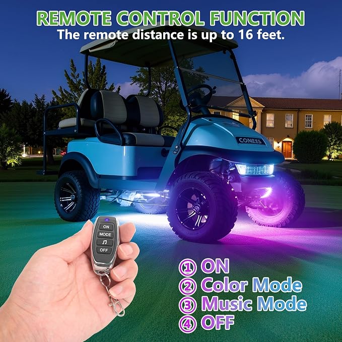 10L0L 2PCS Golf Cart Underglow LED Light Kit, Underbody RGB Strip Lights, 24-Mode Neon Accent Lighting, Music Sync, Wireless Remote, IP67 Waterproof, 12V-80V Input for EZGO Yamaha Club Car