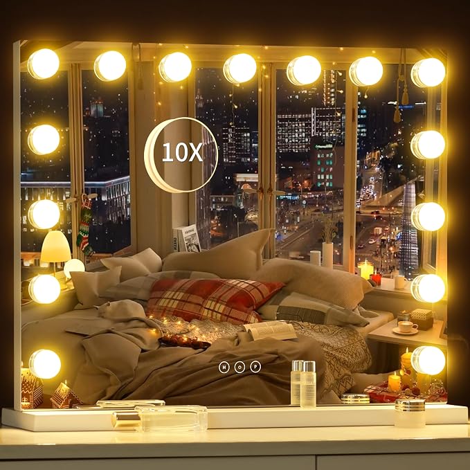 Vanity Mirror with Lights Lighted Makeup Mirror with 15 Dimmable LED Bulbs,3 Color Lighting Modes,USB Charging Port Touch Control,Sturdy Metal Frame Design 24x18 Inch,White
