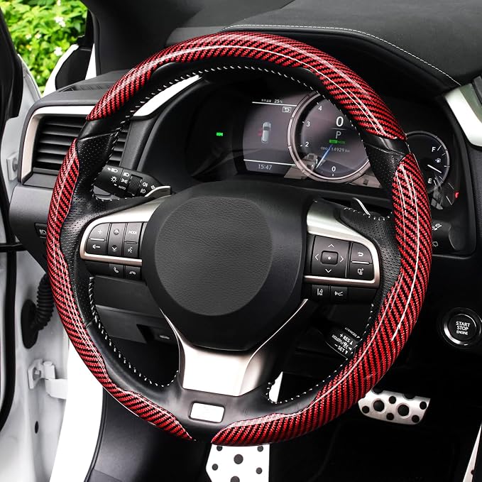 Amiss 3pcs Carbon Fiber Anti-Skid Steering Wheel Cover, Waterproof Design, Universal Fit for 14-16 Inch Car Wheel Cover, Interior Car Accessories for Jeeps, SUVs, Trucks (Glossy Red)
