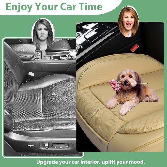 2 Pack Front Car Seat Cover Bottom Only Faux Leather, Anti-Slip Padded Seat Cushion, Full Wrap Seat Protector with Storage Function Fit 95% Cars, SUV, Pick-up Trucks (Beige)