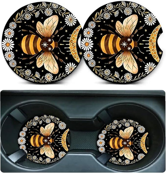 2 Pack Bee Car Cup Holder Coasters Universal Neoprene Coasters | 2.75" Universal Size Anti Slip Rubber Mat, Auto Cup Holder Accessories for SUV Truck, Bee Gifts for Women Men Mom