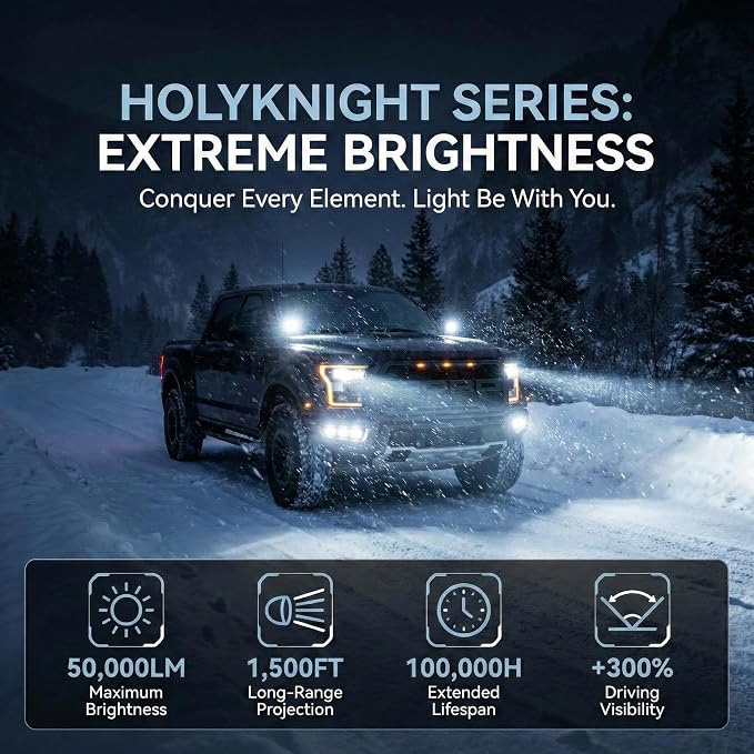 LUXSTER 9005 HB3 Holyknight 50000lm High Lumen LED Bulb 6000K (2 Pack) | Anti-Flicker, 55W Factory-Matched Power,1200FT Long-Range Beam, Sharp Cut-Off Pattern, H10 9145 Foglight Use, 6000K, IP68