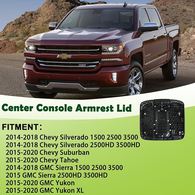 Center Console Armrest Lid w/o Steel Bracket Black Compatible with 2014-2020 Chevrolet Chevy Avalanche Silverado Suburban Tahoe GMC Sierra Yukon XL Replaces 0227083AA