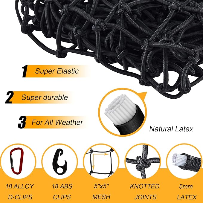 GSPSCN Truck Cargo Net 7' x 5' for Pickup Bed, Trailer,Boat,RV SUV Stretched to 15'x21' Max Heavy Duty Roof Rack Net,5”x5” Mesh Netting w/24 Clip Carabiners Car Organizer Net for Large Loads