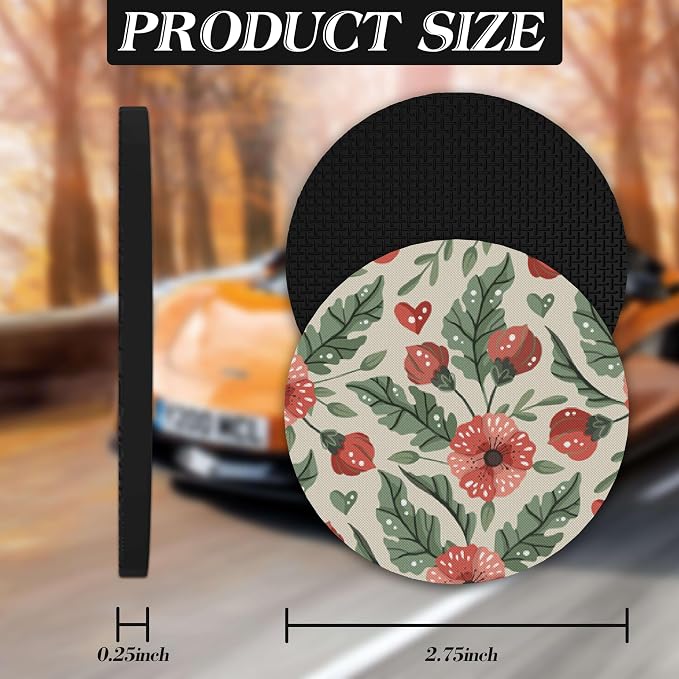 Car Coasters for Drinks Absorbent，Cute Car Accessories for Women and Lady，2 Pack 2.95inch Car Cup Holder Coasters，Universal Non Slip Cup Holder Insert Coaster (Red Flower)